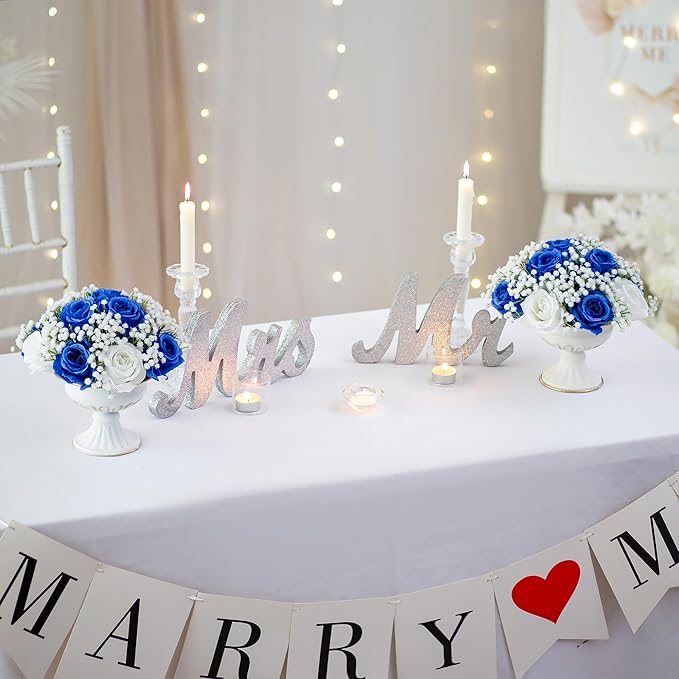 BLOSMON Fake Flowers Ball Wedding Centerpieces 2 Pcs Royal Blue Rose Babys Breath Artificial Flower Center Pieces Decoration for Table Faux Silk Floral Bouquet Arrangements for Home Party DIY Decor