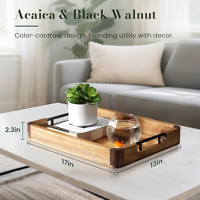 Acacia Wood Extra Large Serving Tray with Handles - Stylish Ottoman Tray for Coffee Table & Kitchen Island Decor | Decorative Trays for Resturant, Cafe, Breakfast, Multipurpose Organzier