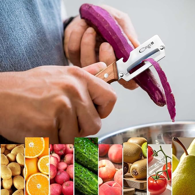 Stainless Steel Vegetable Peelers for Kitchen with Bottle Opener, Non-Slip Wooden Handle - for Paring Fruits and Veggies like Potato, Apple, Carrot, Mango, Lemon, and Sugarcane