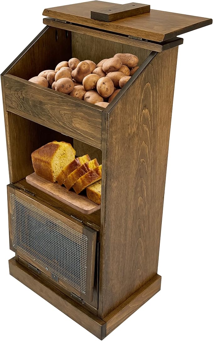 Peaceful Classics Potato Storage Wood Box, Wooden Bread Bins, Decorative and Onion Bin, Bin w/ Grocery Section, Vegetable Lid for Kitchen Pantry, Special Walnut, KS302SW