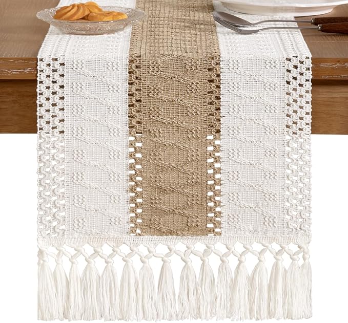 Socomi Boho Table Runner Summer Farmhouse Rustic Dining Kitchen Centerpiece Decor Small Macrame Woven Cotton Linen Coffee Table Runner for Dresser Scarf Home Decor 12x60 inch