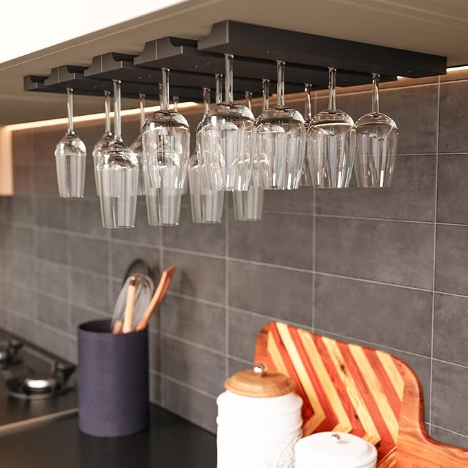 Rustic State Vigo 4 Sectional Adjustable Under Cabinet Mount Wood Stemware Rack Hanging Shelf Glassware Holder Bar Organizer with up to 12 Wine Glass Storage 12 Inch Deep Black