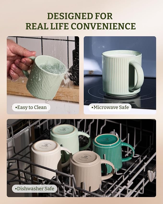 famiware Coffee Mug Set for 4, Star 12 oz Catering Mugs Cup Set with Handle for Coffee, Tea, Cocoa, Milk- Ceramic Stoneware Drinkware Set, Light Green