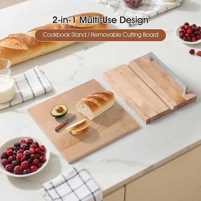 Cookbook Stand with Removable Cutting Board – Adjustable Recipe Book Holder, Charcuterie Board & Kitchen Serving Tray, Kitchen Counte Decor/Maple Wood/Silver