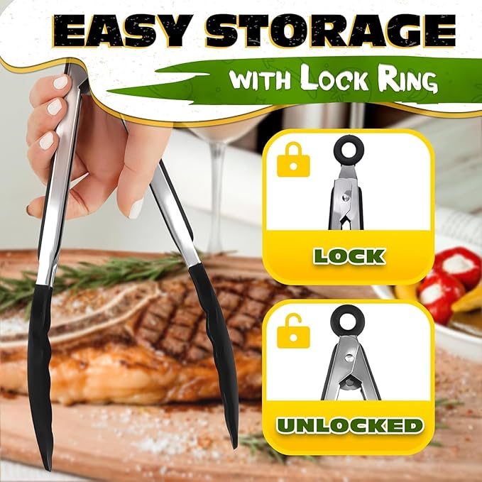 Kitchen Tongs Set of 3 — 7", 9", 12" Silicone Tongs for Cooking, Stainless Steel Build with Silicone Tips, Non-Stick Pan Safe, Easy-Lock Handle — Salad, Grilling, BBQ, Pasta, Frying, Steak, Serving