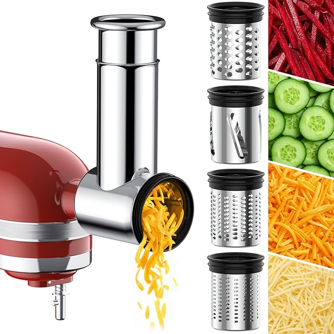 Stainless Steel Slicer Shredder Attachment for Kitchenaid Stand Mixer,kitchen aid cheese grater,Salad Maker,Dishwasher Safe with 4 Blades by Kitchwiyte