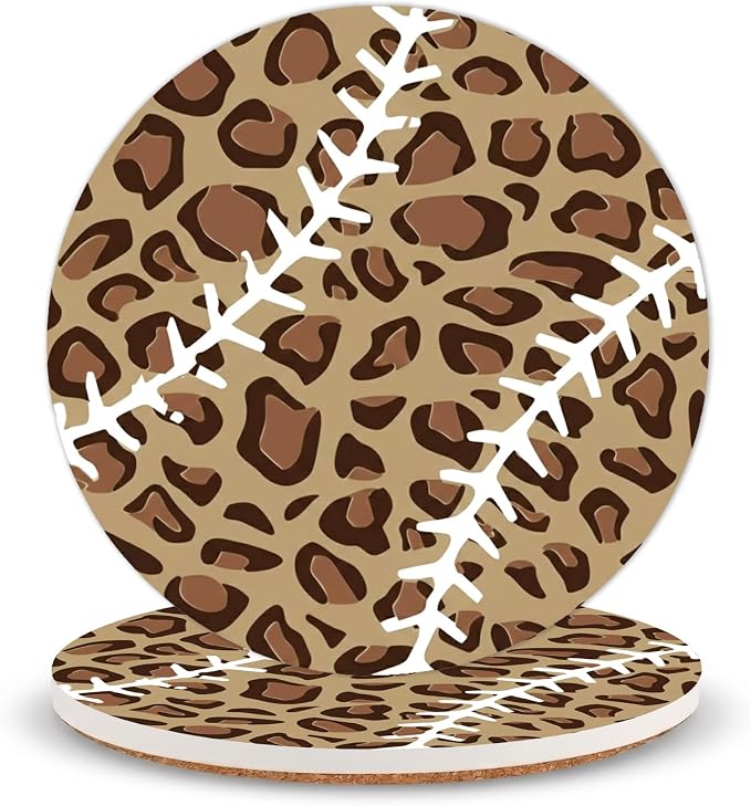 Baseball Ceramic Coasters of 2 with Cork Backing Absorbent Cup Coaster | Non-Slip Coasters for Drinks and Coffee Table Office Desk Home Decor, Gifts for Baseball Fans, Mom, Player