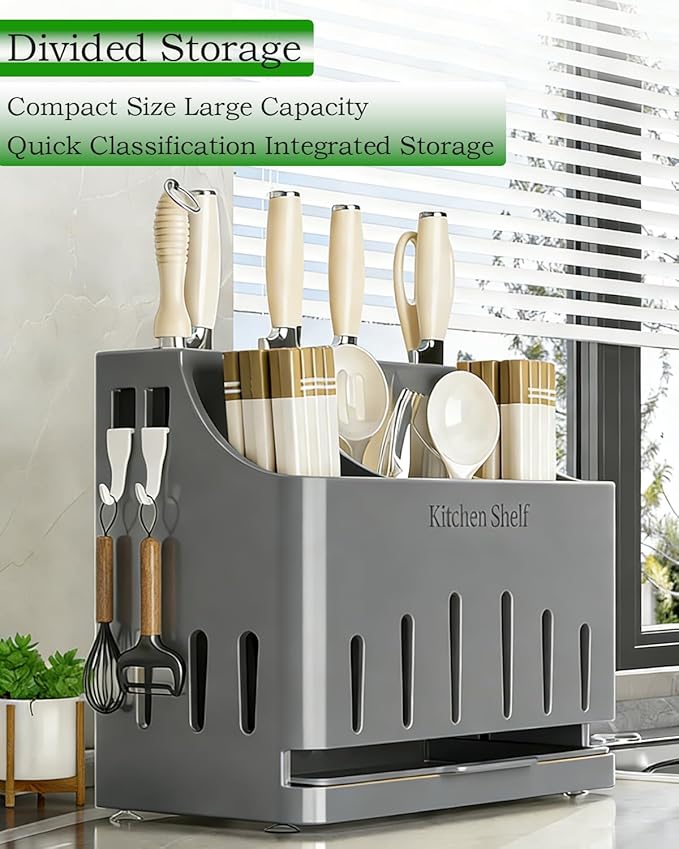 Stainless Steel Universal Knife Holder & Utensil Organizer - Countertop Knife Storage Stand, Detachable Knife Block for Kitchen Counter Knife Storage Rack Organization, Classic Gray Coating