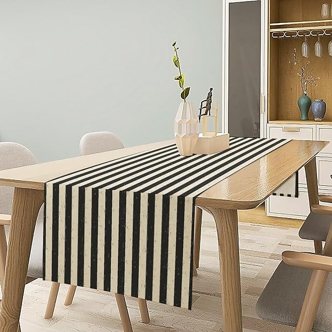 Striped Table Runner,Vintage Abstract Modern Black and White Table Runner for Party Kitchen Table Decorations 13x36 Inch