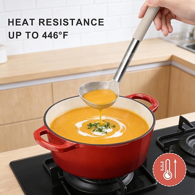 Onader Silicone Cooking Utensils Set of 15, Kitchen Utensils Set with Holder for Nonstick Cookware, 446°F Heat Resistant Stainless Steel Handle - Khaki