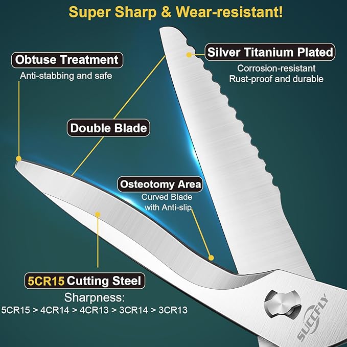SUCCFLY Premium Kitchen Shears Heavy Duty, Kitchen Scissors for Food, 8.8 Inch Ultra Sharp Meat Scissors Detachable Blade, Silver Titanium Plated Poultry Shears, Anti-Slip Cooking Scissor All Purpose