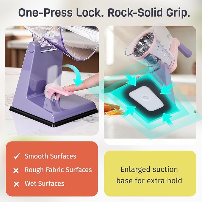 Upgraded Rotary Cheese Grater with 3 Interchangeable Stainless Steel Drums, One-Press Powerful Suction Manual Vegetable Shredder&Slicer for Kitchen, 15pcs Storage Bags Included, Pinkish Purple