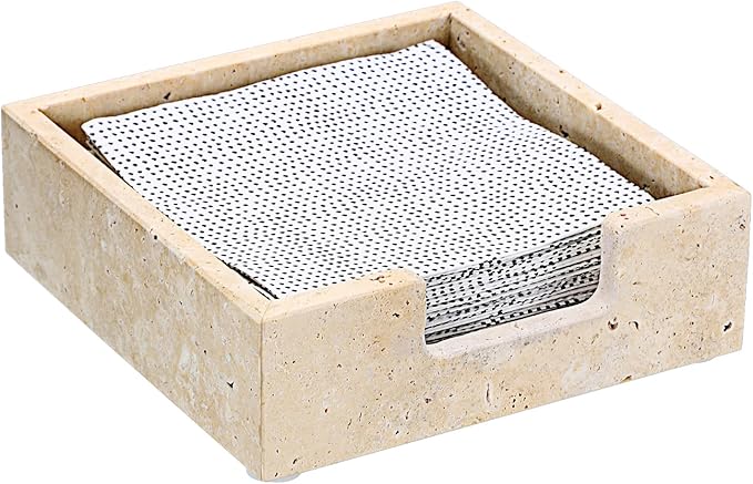 Sumnacon Travertine Cocktail Napkin Holder for Table, 6.2" x 6.2", Square Napkin Holders Small Napkin Tray, Flat Modern Napkin Dispenser for Kitchen, Countertop, Dining Table, Party, Bar