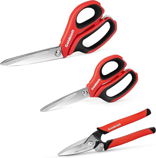 Goldblatt 3PCS Heavy Duty Scissors, Multipurpose Shop Scissors, Drop Forged Blades with Small Serrations, Comfortable Handle for Easy Cutting Cardboard, Wires, Leather, Fabric