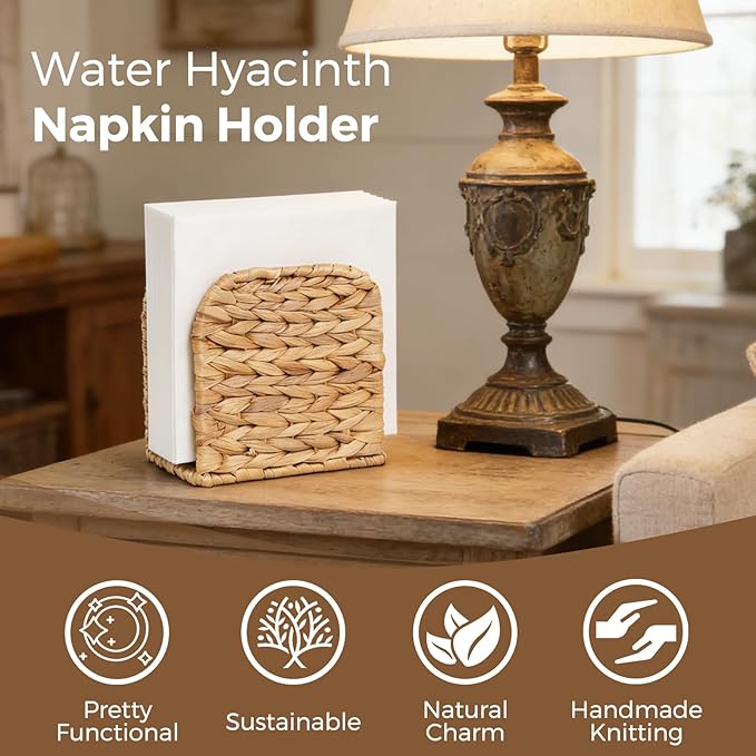 2 Pack Water Hyacinth Napkin Holder for Table, Handwoven Wicker Upright Napkin Holder, Boho Farmhouse Paper Napkin Holder for Kitchen Countertop Dining Room Party