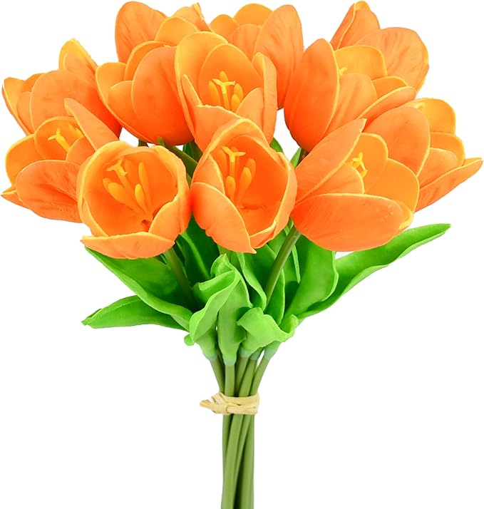 Mandy's Orange Partially Open Artificial Tulips Flowers Centerpiece, 13.5" Lifelike PU Fake Floral Stems 12pcs for Kitchen Island & Dining Table, Spring Decor for Easter