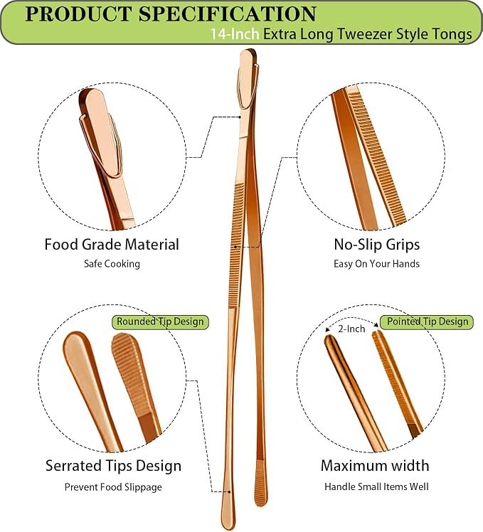 JETKONG 2 Pcs 14-Inch Kitchen Tweezers Extra Long Cooking Tweezer Tongs Stainless Steel Long Food Tweezers (Rose Gold)