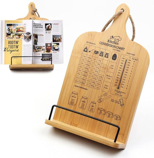 Cookbook Stand, Wooden Cookbook Holder with Measurement Conversion Chart, Adjustable Cook Book Stand for Kitchen Counter, Recipe Book Holder Stand