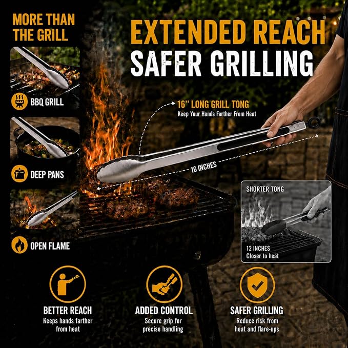 3 Pack Kitchen Tongs Set, 9+12+16" Cooking Tongs with Locking Mechanism, 9" & 12" Nonstick Tongs and 16" Stainless Steel Grill Tongs, Heat Resistant Food Tongs for Cooking, Serving, BBQ & Air Fryer