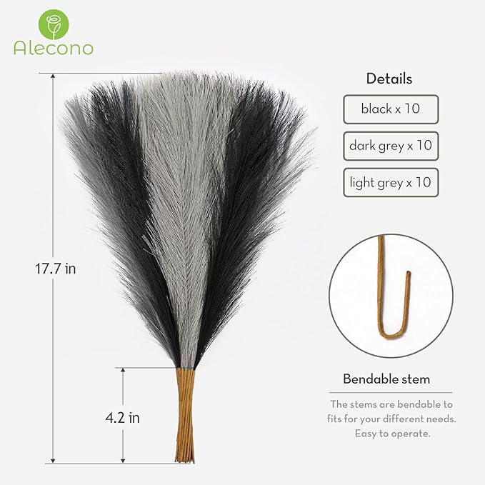 Alecono Pampas Grass 17.7in 𝟯𝟬𝙋𝙘𝙨 , Black Pampas Grass Decor for Home Decoration, Faux Pampas Grass Wall Decor for Wedding Centerpieces Party Decorations (Black, Grey)