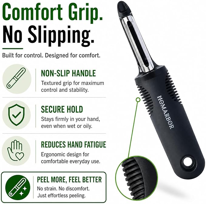 Black Premium Vegetable Peeler | Ultra-Sharp Swivel Stainless Steel Blade | Ergonomic Soft Grip Handle | Mango Peeler | Dishwasher Safe | Skin Peeler for Veggies & Fruits | Potato Peeler & Eye Remover