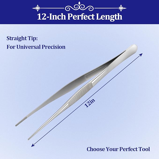 12-inch Stainless Steel Cooking Tongs & Tweezers, Non-Slip Grip & Serrated Tips for Grilling, Baking, Garnishing, BBQ, Kitchen & Craft Use (Straight Tip)