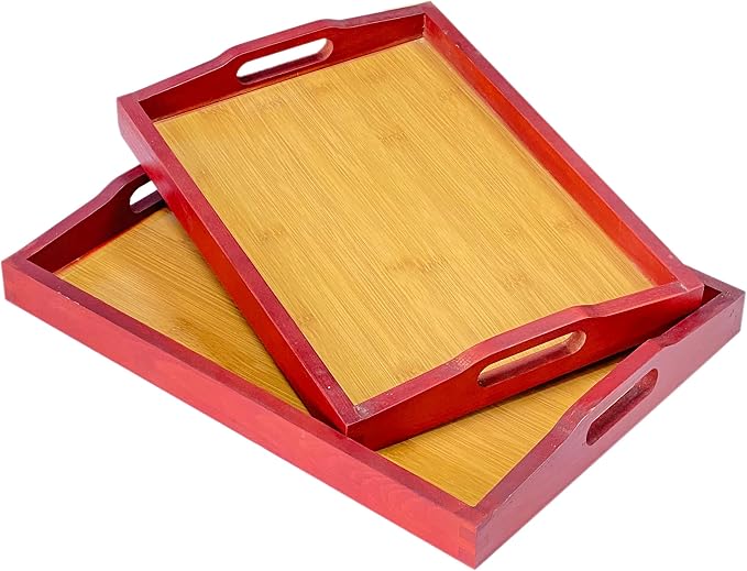 Wooden Serving Trays with Handle Set of 2 Bamboo Serving Trays Decorative Nesting Wood Platter Tabletop (Large 16x11.7x1.9 inches, Small 14x10.5x1.9 inches)