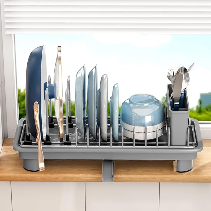 Compact Dish Drying Rack with Utensil Holder – Small Countertop Dish Drainer with 360° Rotating Drain Spout, Stainless Steel Dish Rack for Kitchen Sink, Space-Saving Design for Small Kitchen , Grey