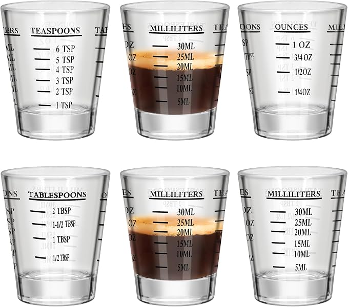 6Pcs Shot Glasses Measuring Cup Espresso Shot Glasses Liquid Heavy Glass 26-Incremental Measurement 1 OZ, 2 TBS, 6 TSP, 30 ML Kitchen Tools (6, Black)