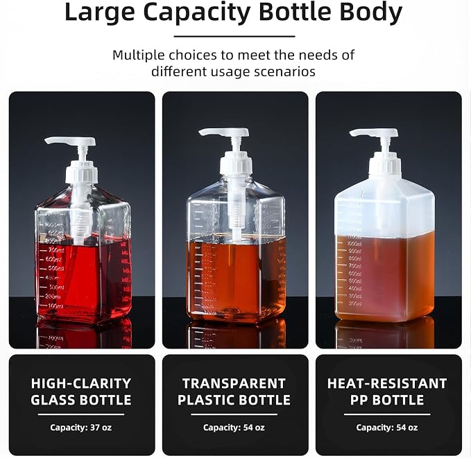 Large Capacity Syrup Dispenser for Coffee Bar, Pump Dispenser 54oz 1600ml PET Syrup Bottle w Measuring Cup and Funnel, Dispenser Bottle w Upgraded Pump