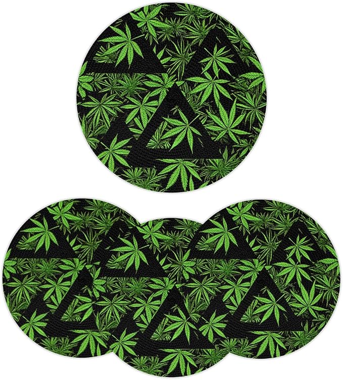 Round Placemats Set of 4, Green Marijuana Leaves Triangle Woven Placemats Mats Non-Slip Heat Resistant Washable Table Mats Round Braided Place for Farmhouse Kitchen Dining Party Decor 15in