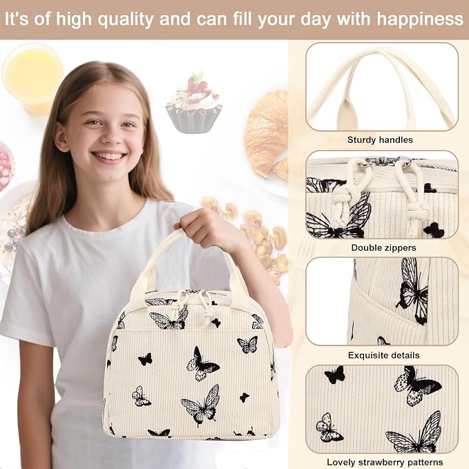LEDAOU Lunch Box for Women Insulated Lunch Bag Corduroy Lunch Tote Bags Leakproof Cooler Lunch Case for Travel Work Picnic (Corduroy Beige-Butterfly)