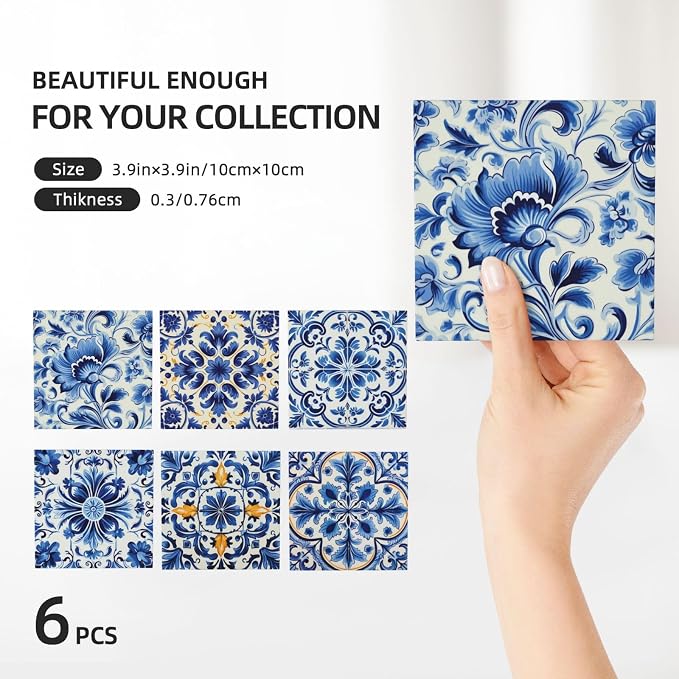 Coasters Set of 6, Coasters for Drinks Absorbent Stone with Holder, Blue and White Flower Ceramic Drink Coaster for Tabletop Protection, Coffee Table Decor Ideal for Home Decor House Warming Gifts