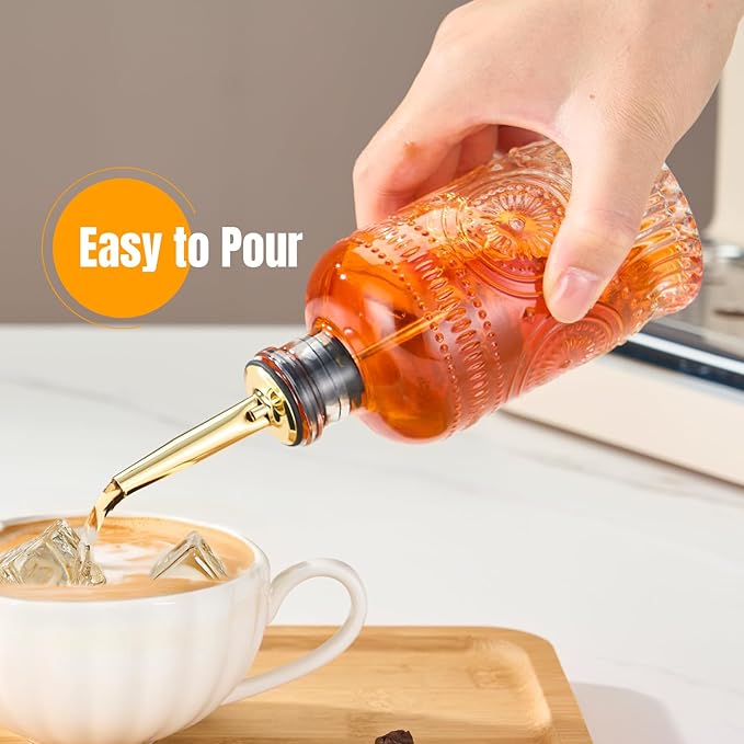 gegewawa 4pcs Glass Coffee Syrup Dispenser Bottles 7 OZ, Simple Syrup Bottles with Metal Pour Spout, Syrup Dispenser for Coffee Bar Accessories for Maple Honey Syrup Oil and Sauces