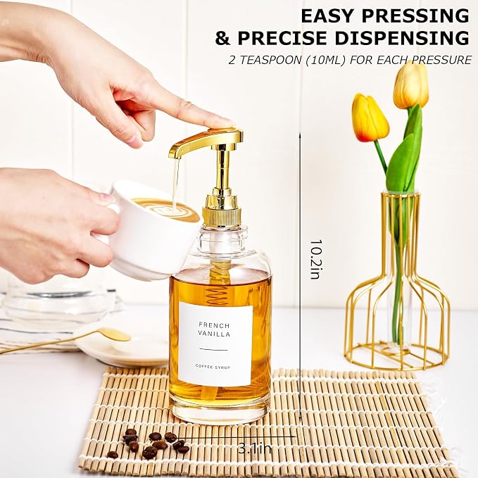 Coffee Syrup Dispenser for Bar, Glass Syrup Bottle with Pump, Coffee Pump Dispenser Bottle, Spoon for Station,16.9 oz, 500 ml