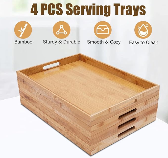 4 Pack Large Serving Trays with Handles Wooden Tray for Food Dinner Breakfast Portable Decorative Wood Plate for Kitchen Living Room