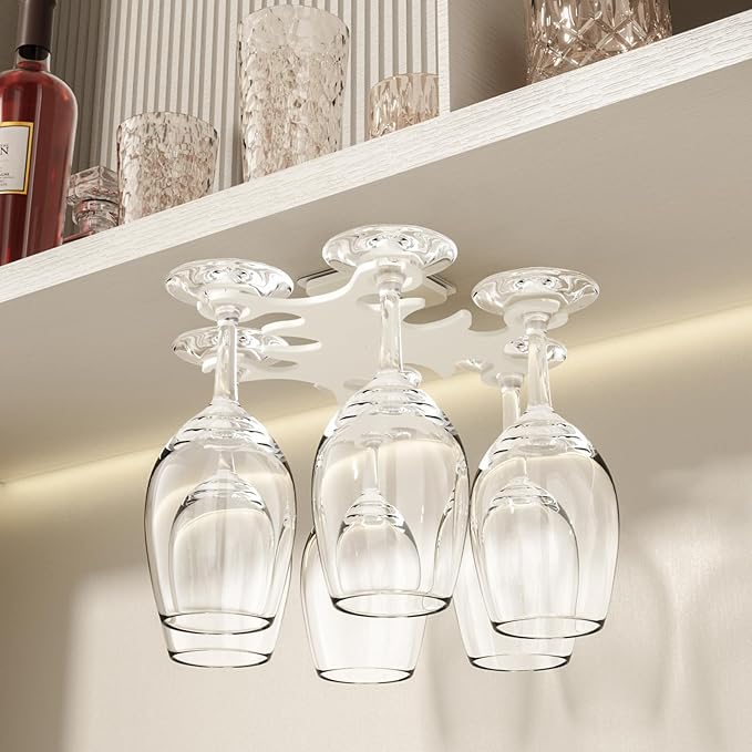 Under Cabinet Wine Glass Holder, 360° Infinitely Rotating Wine Glass Holder, No Drilling Wine Glass Rack for Kitchen, Dining and Bar.(White)