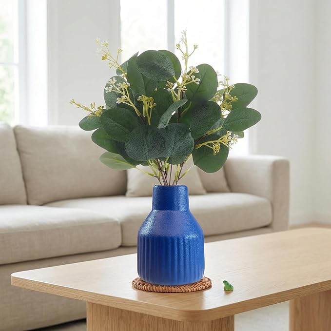 Artificial Eucalyptus Greenery Stems in Ceramic Vase 10Pcs Fake Plants Eucalyptus Leaves for Centerpiece Table Decorations Home Room Decor Office Desk Decor Greenery Decor Indoor (Blue)
