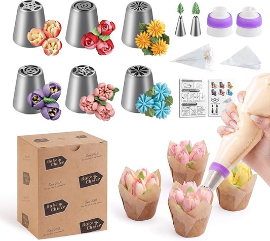 Bake Choice 46 Pcs Russian Piping Tips Set, Upgraded Piping Bags and Tips Set, Cake Decorating Kit with 6 Russian Piping Tip, 2 Leaf Piping Tip, 2 Couplers, 36 Piping Bags for Cupcake, Cookie, Baking