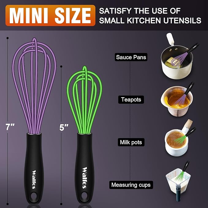 Walfos Mini Silicone Whisk, 5-7Inch, Heat Resistant (480F), Purple & Green