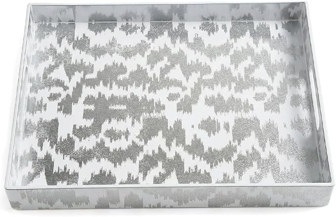 White & Silver Glitter Abstract Serving Tray with Handles, 15.8”x11.7”x1.6” Rectangular Decor Tray – Multipurpose for Breakfast in Bed, Bathroom Vanity, Living Room & Entertaining