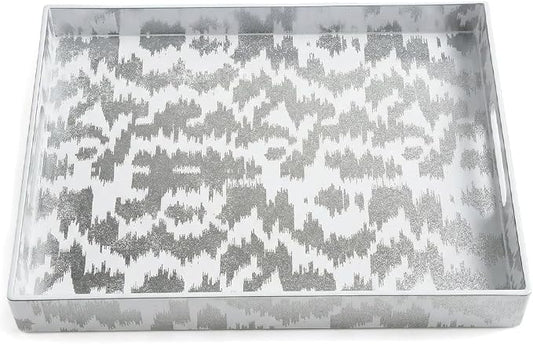 White & Silver Glitter Abstract Serving Tray with Handles, 15.8”x11.7”x1.6” Rectangular Decor Tray – Multipurpose for Breakfast in Bed, Bathroom Vanity, Living Room & Entertaining
