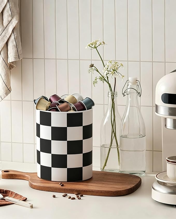Checkered Kitchen Utensil Holder - 7.2" Ceramic Utensil Crock for Countertop, Kitchen Decor and Accessories for counte (Black)