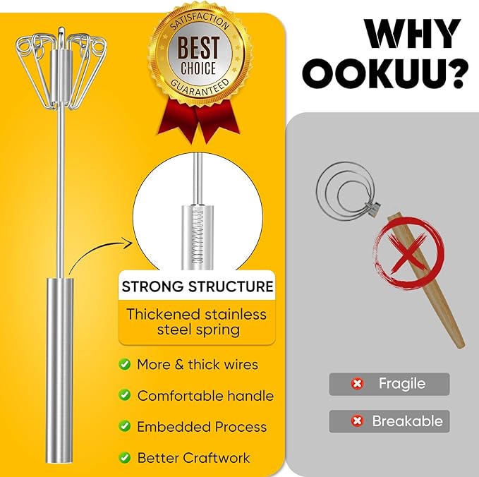 OOKUU Stainless Steel Egg Whisk, Whizzy Whisk, Semi Automatic Wisk Blender for Home - Versatile Tool for Egg Beater, Hand Push Blender, for Blending, Beating & Stirring (2Pack 12in)