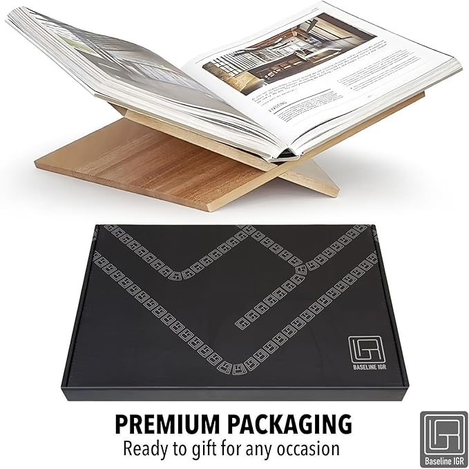 Large Wood Book Stand, 12.5" x 9.5" x 5.5”, Angled Natural Mahogany Wooden Book Holder, Open Bookstand for Display and Reading, Cookbooks, Art Books, Bibles, Magazines - Home and Office