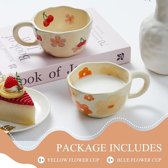 Vesici 2 Pcs Ceramic Coffee Mugs with Spoon, Vintage Floral Spring Mugs with Handle, 8.5 oz Aesthetic Flower Porcelain Tea Cup Set, Dishwasher & Microwave Safe Mothers Day Gifts for Mom(Fresh)