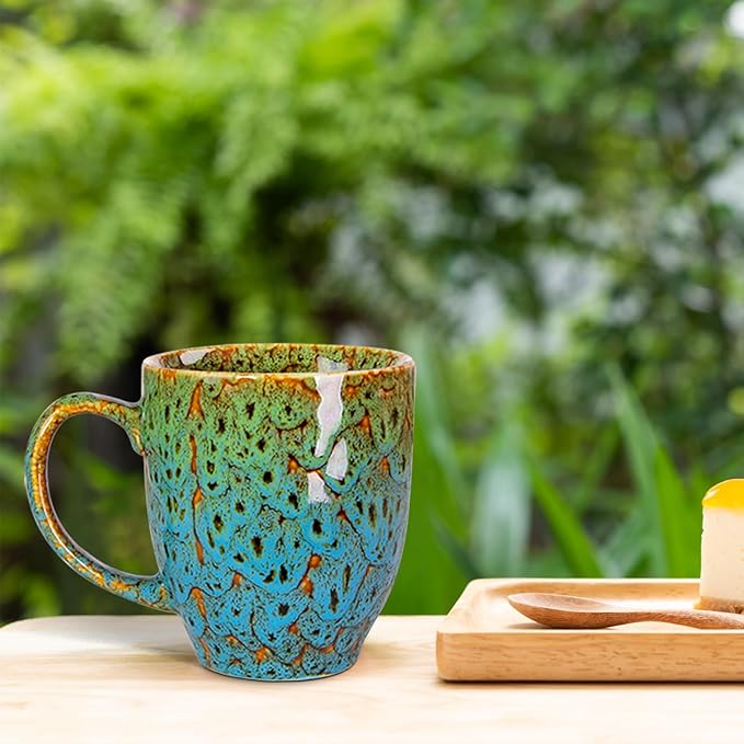 Durable 16 oz Ceramic Coffee Mug, Large Coffee Cup with Ergonomic Handle, Ideal Tea Mug for Home, Office, Gift, Dishwasher & Microwave Safe, Green & Blue (coffee, Tea, Hot Cocoa, Latte Cup)