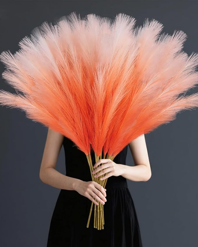 TORONTOKYO 8Pcs Orange Faux Pampas Grass Tall Decor, 35.4” Fluffy Artificial Pompous Grass Branches, Large Pampas Grass Reed Stems for Floor Vase Filler, Wedding, Baby Shower, Home Boho Fall Decor
