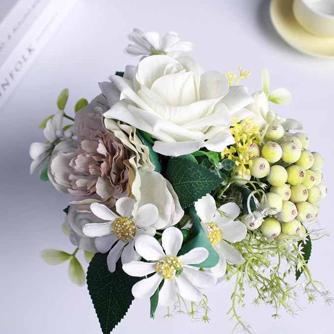 Faux Flowers in Vase for Vanity Decor, Centerpieces for Tables Office Desk Valentine's Day Gift, Artificial Flowers With Vase for Nightstand