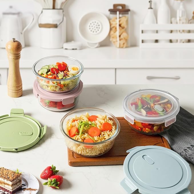 30oz Glass Meal Prep Containers with Lids, Airtight 3.75 Cup Food Storage Containers Set, Heat-Resistant BPA-Free Glass Containers for Soup Leftover, Microwave, Dishwasher, and Freezer Safe (4 Packs)